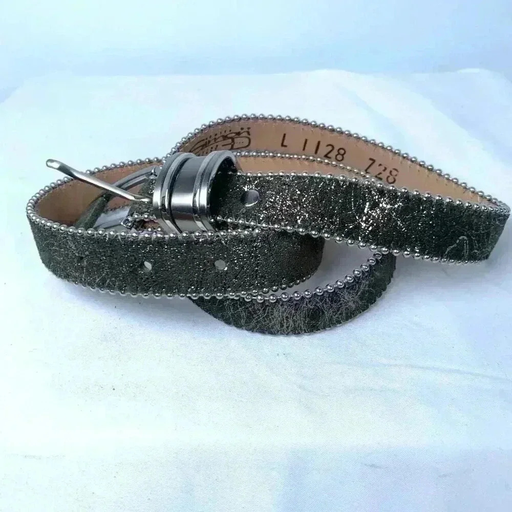 Vintage BB Simon Women Silver Green Leather Belt Beaded Edging Size 38 Rare 80's